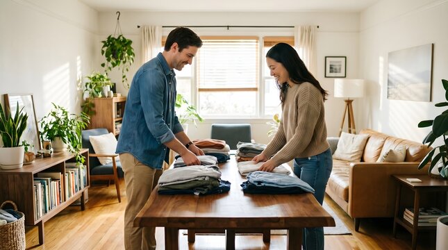 Couple folding clothes together at wooden table in bright living room with domestic, organization