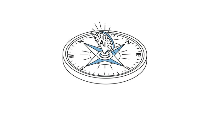 Artificial Intelligence Navigation Compass Concept. Isometric Vector Illustration of AI Brain Guiding Strategic Direction and Decision Making on White Background.