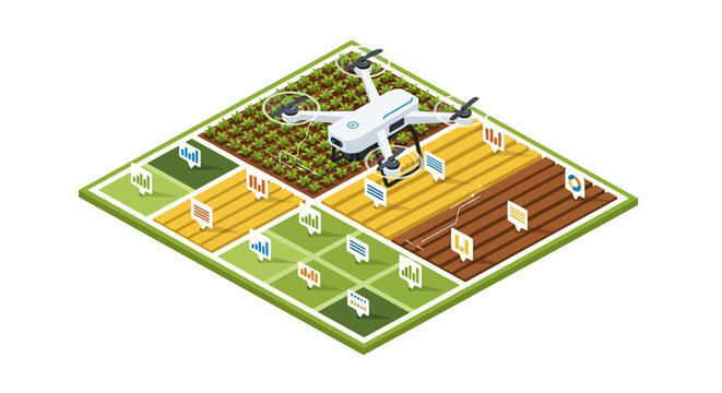Precision Agriculture and Smart Farming Concept: Isometric Drone Flying Over Digital Fields with Data Analytics and Crop Monitoring Icons