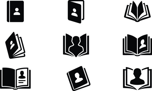 Sammlung von neun schwarzen und wei&szlig;en Icons, die Adressb&uuml;cher, Kontaktverzeichnisse und pers&ouml;nliche Notizb&uuml;cher mit stilisierten Personensymbolen darstellen.