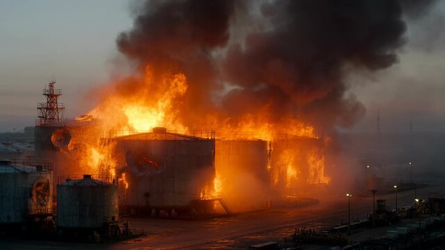 Massive industrial fire at an oil storage facility with intense orange flames and thick black smoke. Concept of fuel depot disaster and energy crisis