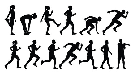 Obraz premium Running and warm-up exercises silhouettes set people in motion.