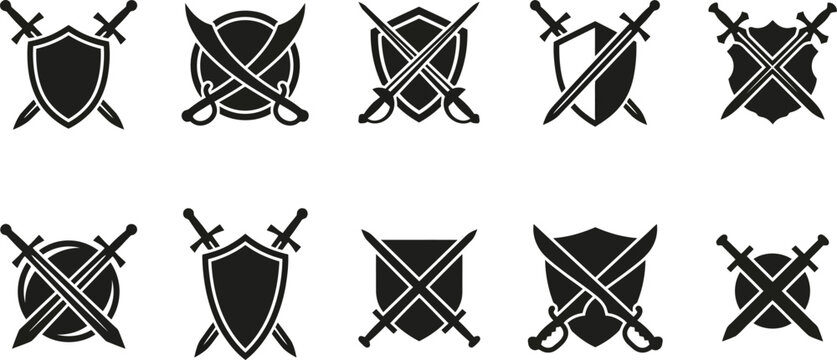 Zehn verschiedene Schwarz-Wei&szlig;-Vektor-Symbole mit gekreuzten Schwertern und Schilden oder runden Emblemen, ideal f&uuml;r Wappen oder Logos.
