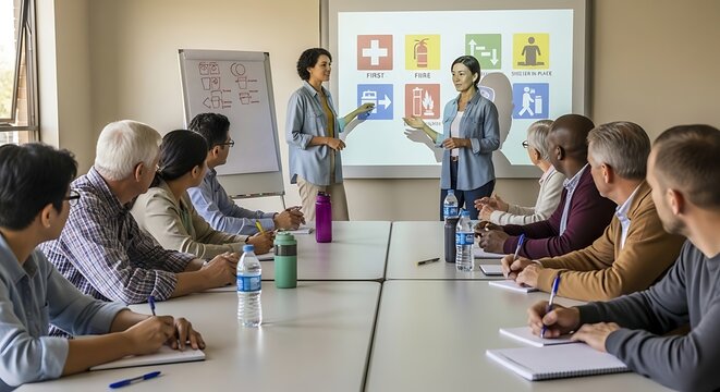 Diverse group of people in a classroom setting with a presentation on emergency procedures