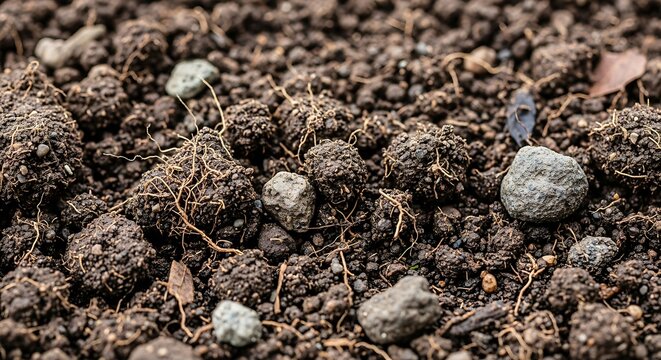 Rich brown soil clods and small pebbles texture background close-up