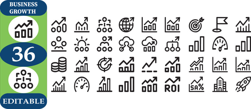 Business growth editable icons set with various symbols and graphs for finance and statistics