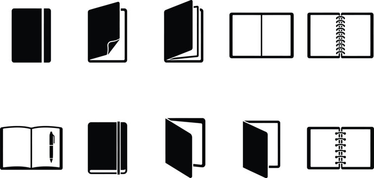 Verschiedene Icons von Notizb&uuml;chern, B&uuml;chern und Ordnern in unterschiedlichen Ansichten und Bindungen.