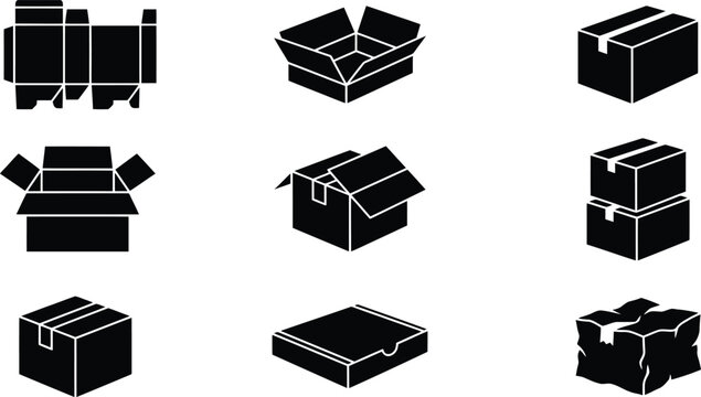Verschiedene schwarze Silhouetten von Kartons und Verpackungen, darunter offene, geschlossene, gestapelte und besch&auml;digte Schachteln sowie eine Schnittvorlage.