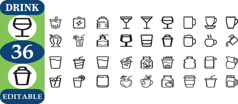 Editable drink icons set with thirty six different beverages and glasses vector graphics