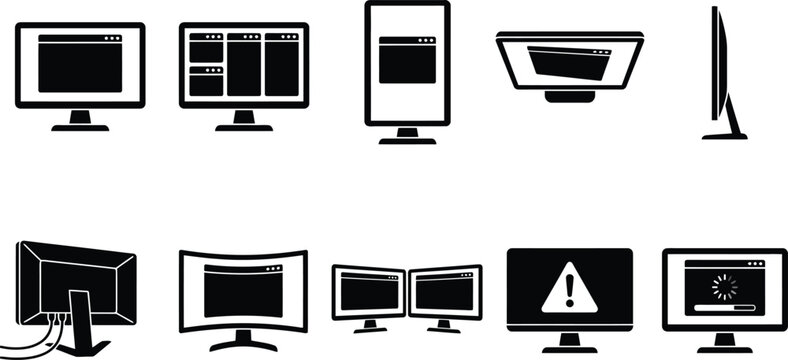 Vektor-Icons von Computermonitoren in verschiedenen Ansichten und Zust&auml;nden, einschlie&szlig;lich Standard-, Hochformat-, gekr&uuml;mmten und Dual-Monitor-Setups sowie Fehlermeldungen.