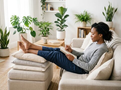 African American woman in her 30s with dark skin wearing a grey sweater writes in a notebook on a sofa in a plant-filled room.