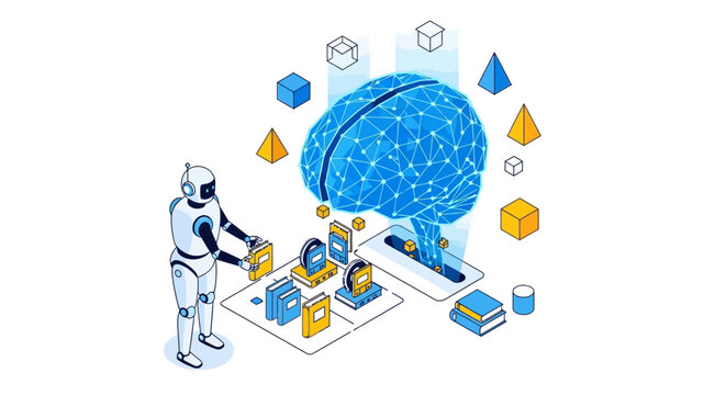 AI Robot Learning and Machine Learning Concept: Isometric Vector Illustration of Digital Brain, Data Processing, and Automation for Educational Technology
