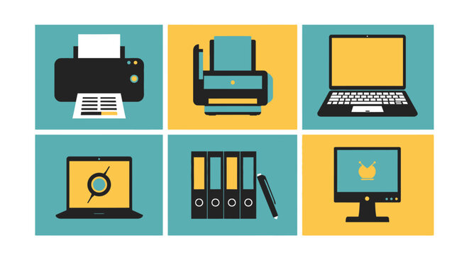 Office Technology Icons: Printer, Laptop, Monitor, Folders, Pen