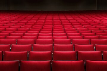 Fototapeta premium Rows of empty red theater seats receding into the darkness of a large auditorium.