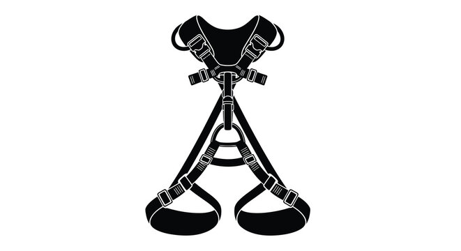 Black and white illustration of a climbing safety harness hanging