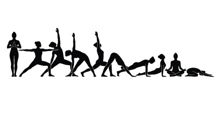 Fototapeta premium Sequence of yoga poses showing sun salutation and stretching routines for flexibility.