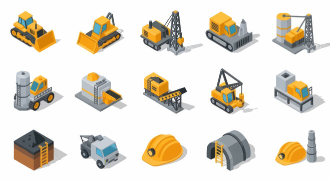Collection of Isometric Construction and Mining Equipment Icons.