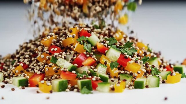 Colorful vegetables and quinoa falling into a heap on a white surface, vibrant and fresh ingredients