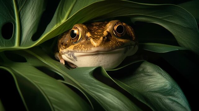 Curious frog hiding among lush monstera leaves in a tropical rainforest habitat and peeking out with its big eyes
