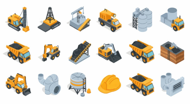 Collection of Industrial Construction and Mining Equipment Icons.