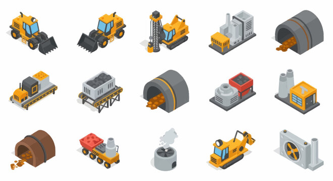 Isometric industrial construction and mining equipment icons.