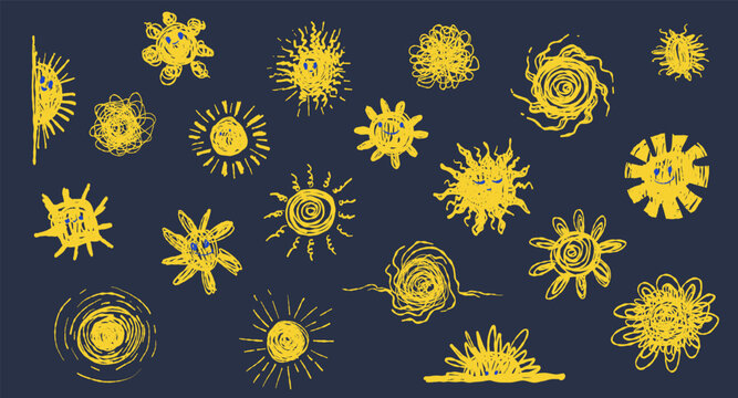 Whimsical sun doodle set in crayon and chalk style