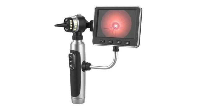 Medical device with attached monitor displaying a laser or light treatment isolated on transparent background