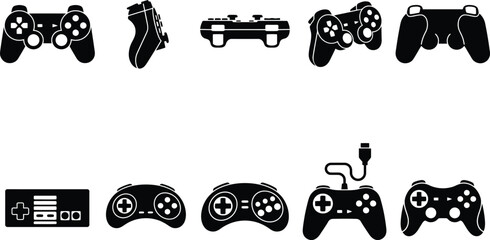 Detaillierte Sammlung von Videospiel-Controllern in verschiedenen Formen und Designs als schwarze Silhouetten. © Insa Batool