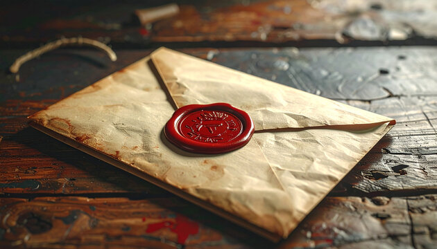 Vintage envelope with red seal on rustic wooden table close up