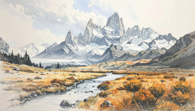 Watercolor painting of a majestic mountain range landscape with a flowing river