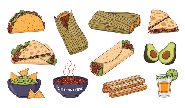 Mexican cuisine vector illustration set tacos burrito churros tamales food