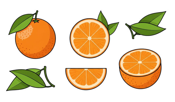 Citrus orange vector illustration set fruit slice half whole green leaf