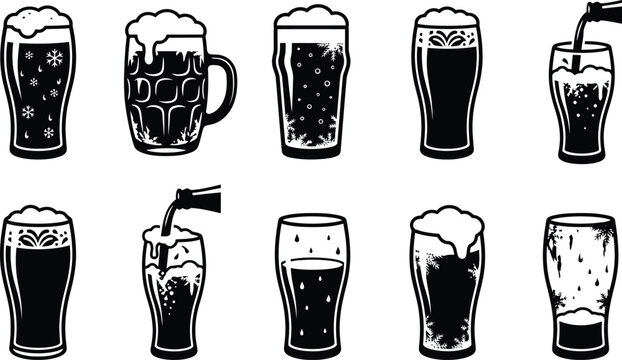 Zehn verschiedene Schwarz-Wei&szlig;-Illustrationen von Biergl&auml;sern mit Schaum, einige werden gerade eingeschenkt.