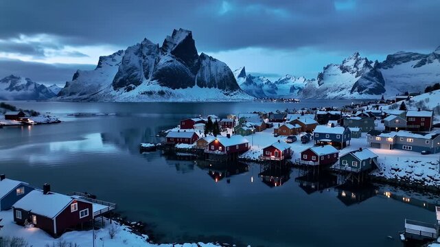 Explore Lofoten Islands through aerial views of houses and mountains at dusk