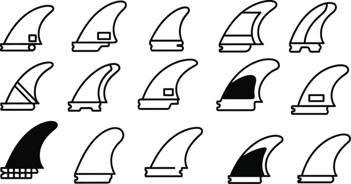 Doodle beach surf vector collection of black and white surfboard fin illustrations for design