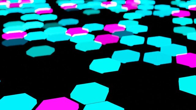 mesmerizing, hypnotic, seamless, looping, cyan, pink, hexagon, grid, pulsing, off, 10 seconds, moving, black background, animation, screensaver, visualizer, video, low angle view 