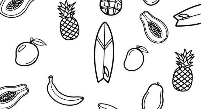 Doodle beach surf vector tropical fruits and surfboard pattern for summer vibes