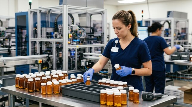 Medium shot of pharmacy technician sorting chronic medication bottles with blurred background of automated fulfillment machines.