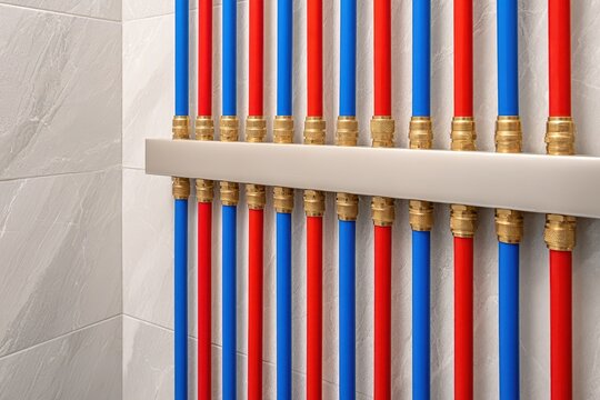 Modern plumbing system with red and blue PEX pipes connected to brass fittings on a manifold.