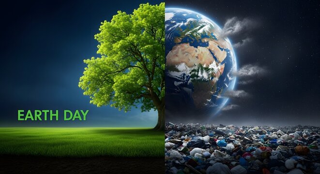 Earth day concept a divided planet showing environmental contrast and urbanization
