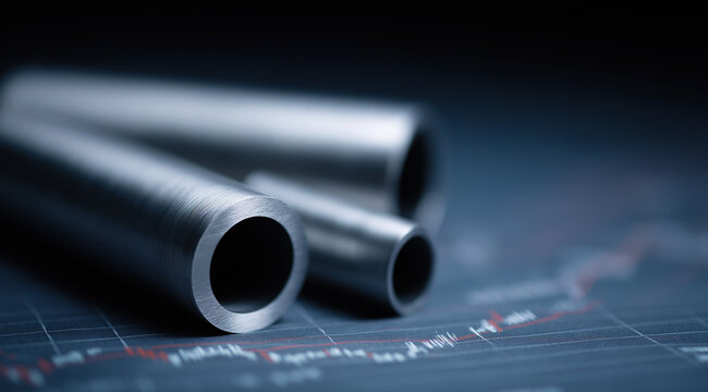Gleaming steel pipes rest atop a financial chart, merging raw industrial commodities with market trading concepts.
