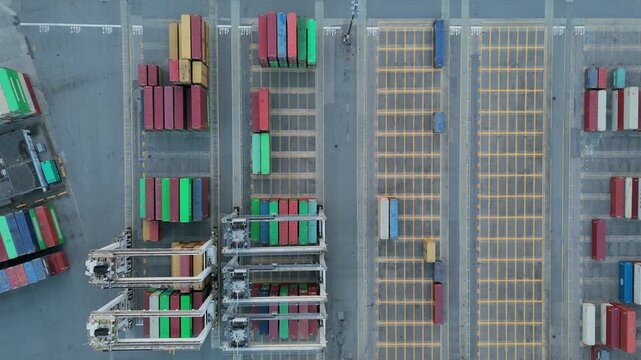 Aerial view of containers at shipping port terminal. Vancouver, Canada.