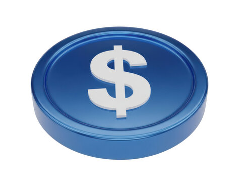 A vibrant blue button with a prominent white dollar sign isolated on white background