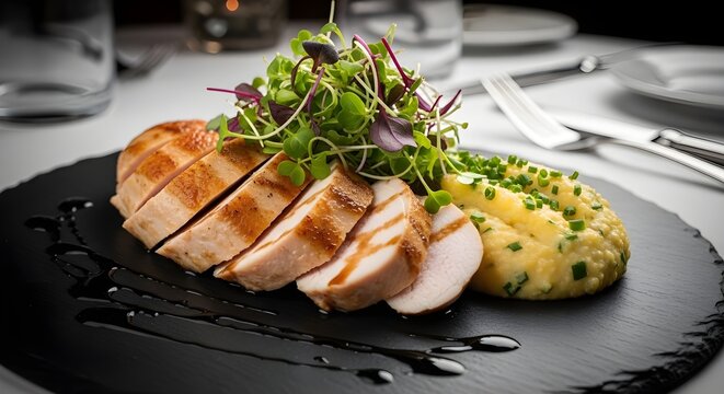 Filete a la parrilla con pur&eacute; de patatas servido al estilo de un restaurante, plato de cena gourmet, concepto de alta cocina.