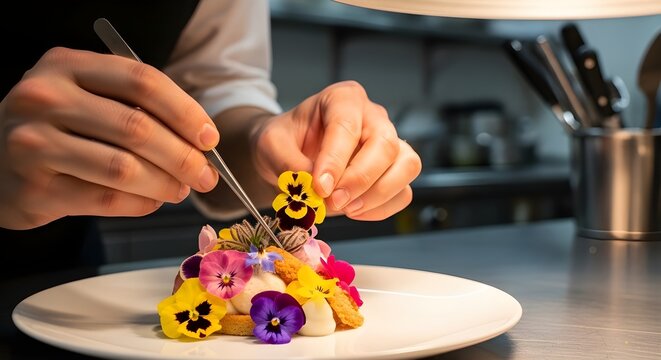 Primer plano de un chef profesional usando pinzas para adornar meticulosamente una tarta de frutas gourmet con una hoja de menta en una elegante cocina.