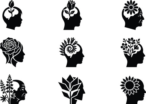 Satz von neun Kopf-Silhouetten, die das Wachstum von Gedanken als Blumen symbolisieren.