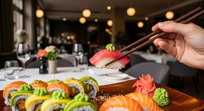 Mujer usando palillos para recoger comida con un hombre sentado al fondo en un restaurante