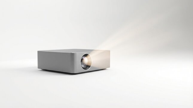 Minimal projector with soft light beam creating modern tech visual, isolated on White background