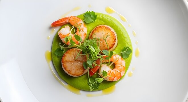 Plato elegante Vieiras chamuscadas reposando sobre vibrante pur&eacute; de guisantes verdes, estilo minimalista, exquisita experiencia gastron&oacute;mica de mariscos, comida gourmet fresca, vista superior