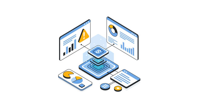 Isometric Illustration of Financial Data Analytics, FinTech Dashboard Interface, Risk Management, and Digital Business Intelligence Concept